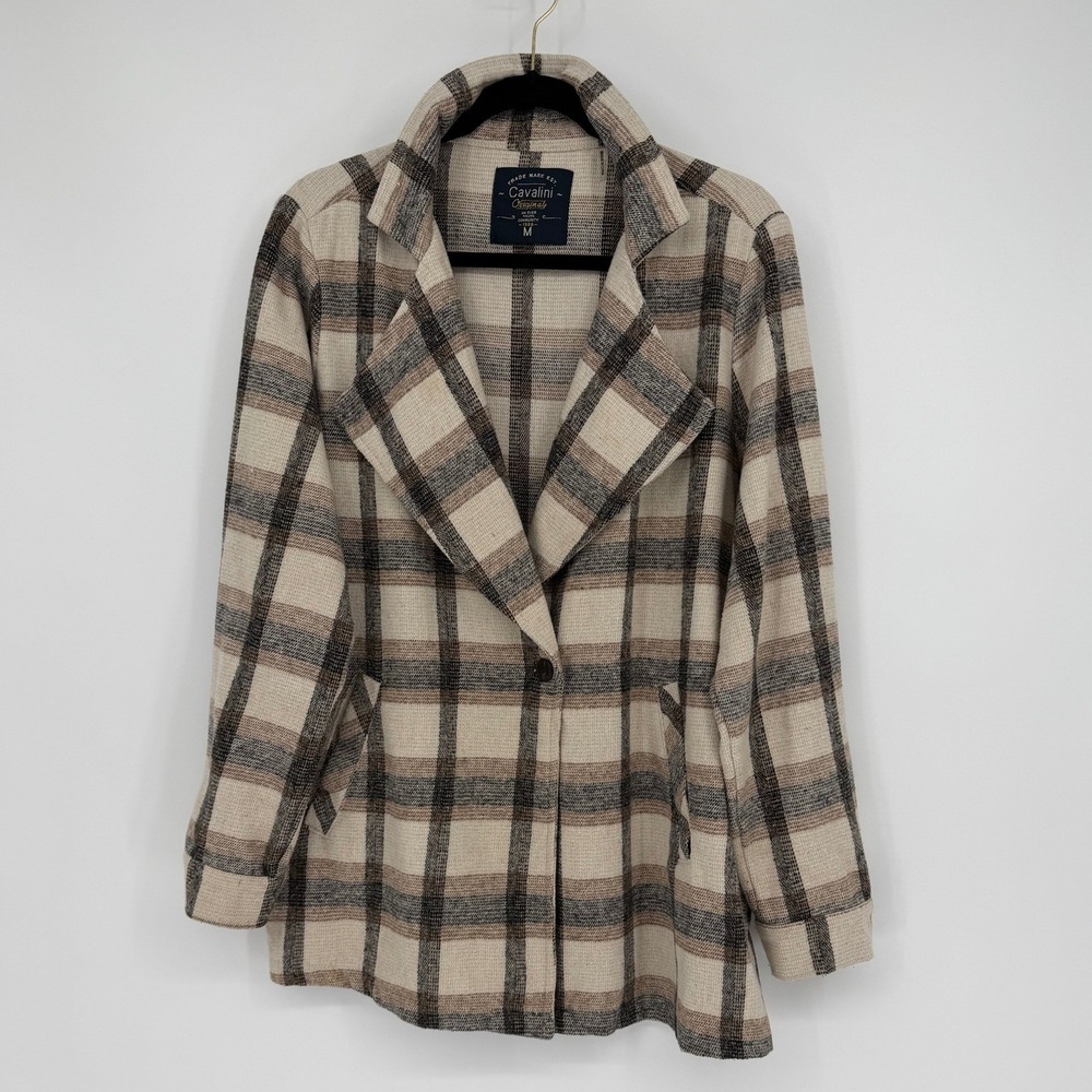 Cavalini Original Plaid Shacket Beige Brown Black Button Front Coat Size M